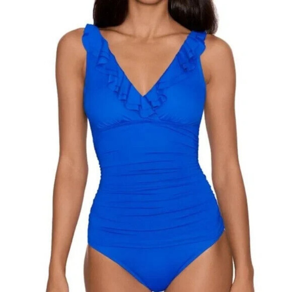 Lauren Ralph Lauren Blue One-Piece Swimsuit with Plunging V-Neckline